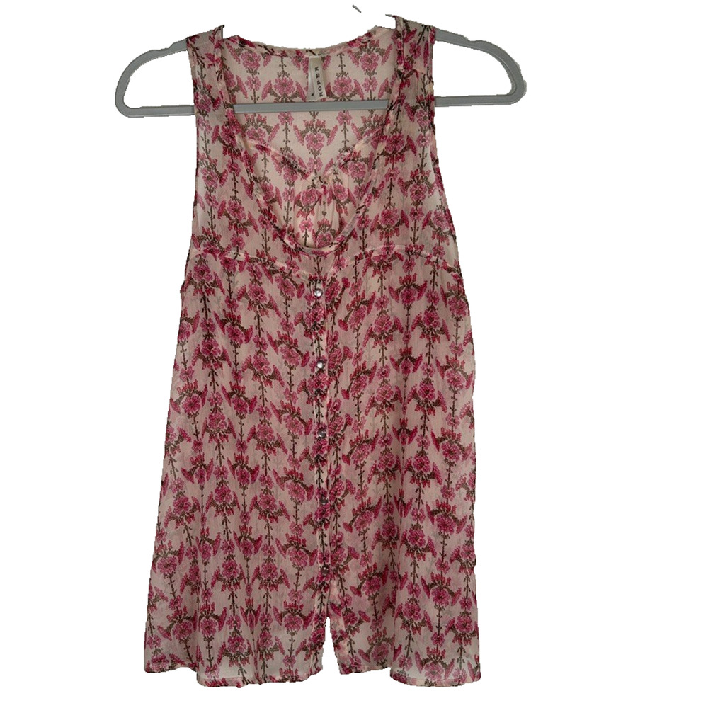 Roper Womens Sz M Sheer floral racer back sleeveless blouse Cowgirl Western